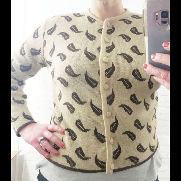 Vintage 50s Norway Knits Tan Leaf Sweater Cardigan - Picture 2 of 15